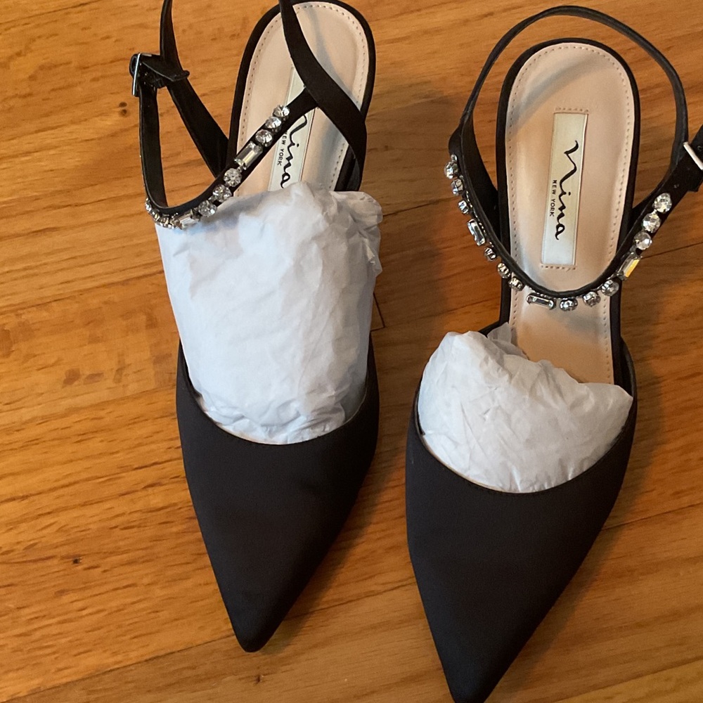 Nina Black Satin Heels with Rhinestone Straps